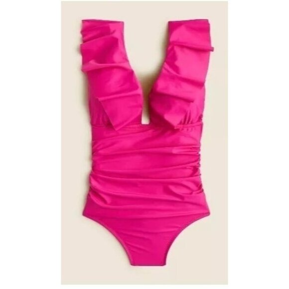 J. Crew Women's Ruched Ruffle One Piece Swimsuit Magenta Pink Size 6 NWT - Picture 1 of 5